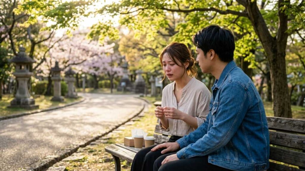 公園で話し合う男女