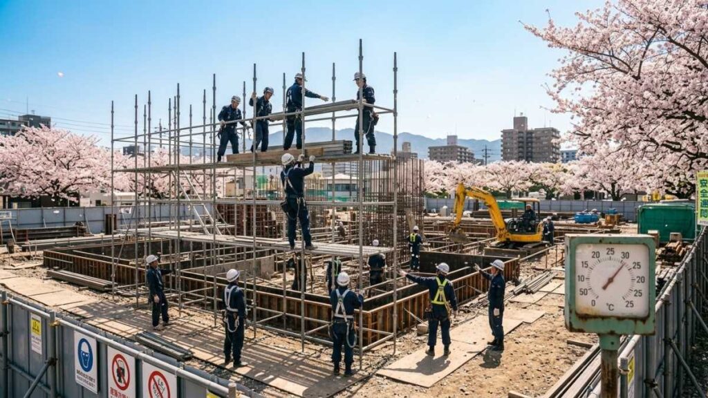 春の建築作業現場