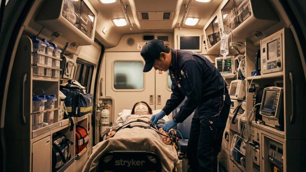 救急隊員が救急車内で処置をしている画像。