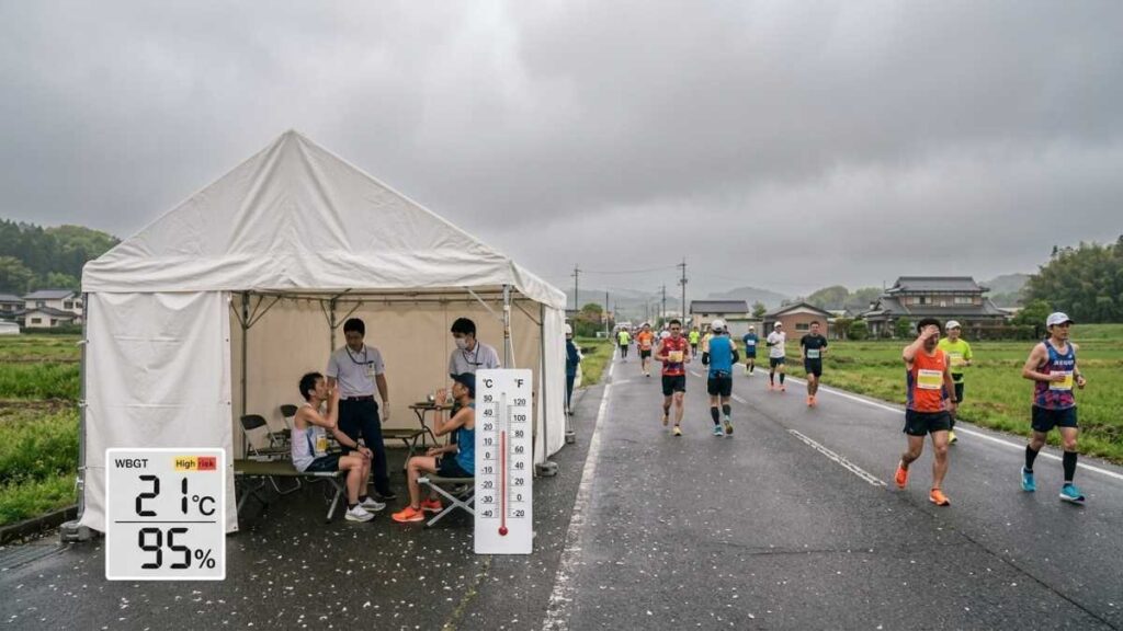 ランニング大会のコースの救護テントの画像。