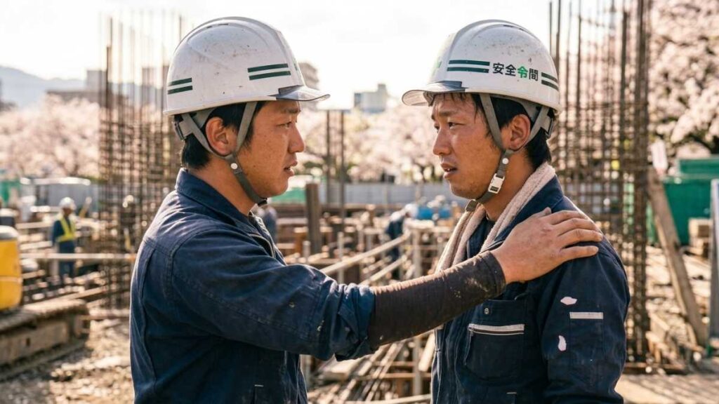 同僚の体調を心配する作業員の画像