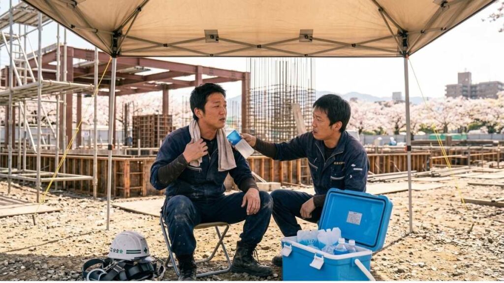熱中症になりそうな作業員に 数分補給をしてやっている同僚の画像