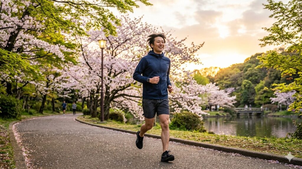 休日にランニングをして体調を整える男性