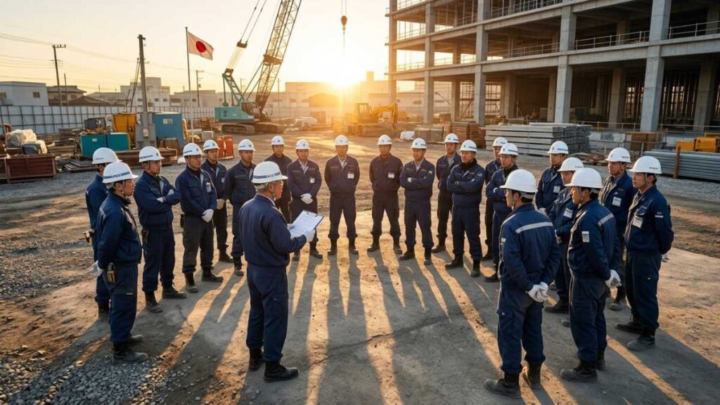 作業現場で集合して監督の話を聞く作業員たち