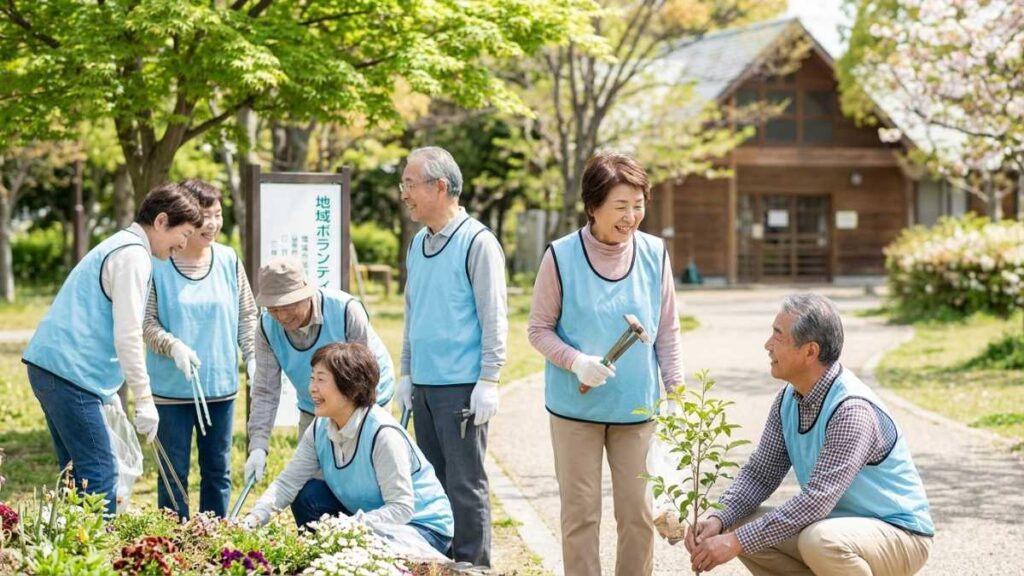 ボランティア作業を楽しそうにしている高齢者たち