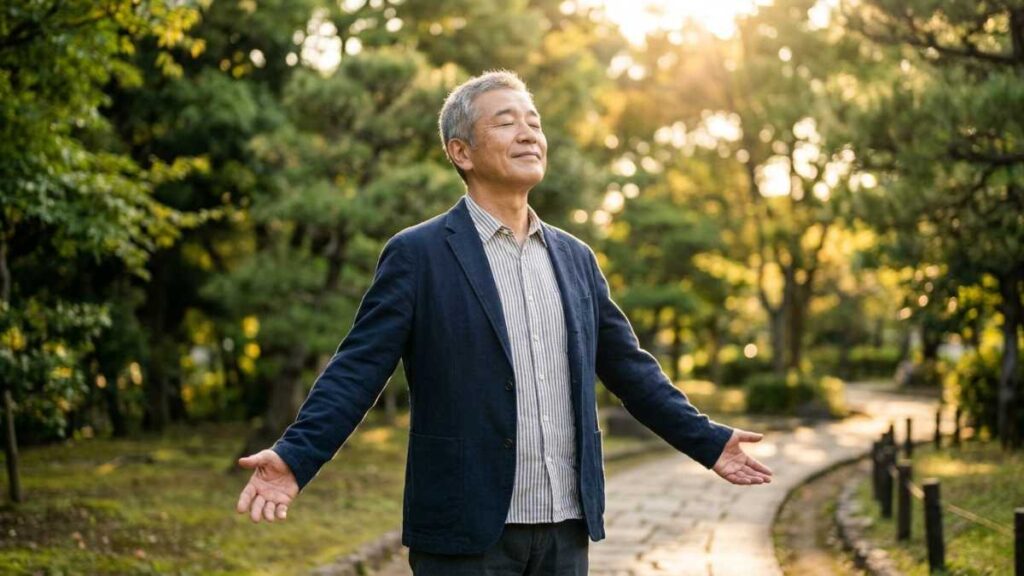 清々しい陽を浴びる高齢者の男性