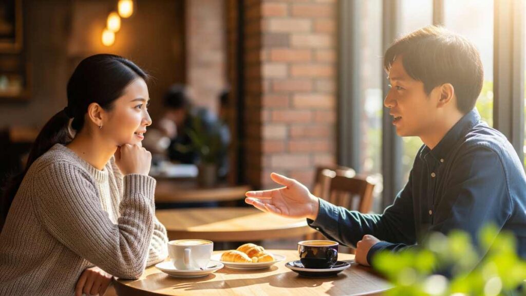 カフェでゆったり話し合う男女