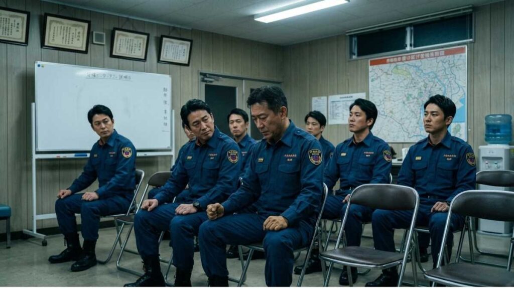 講義中にうなだれる消防士