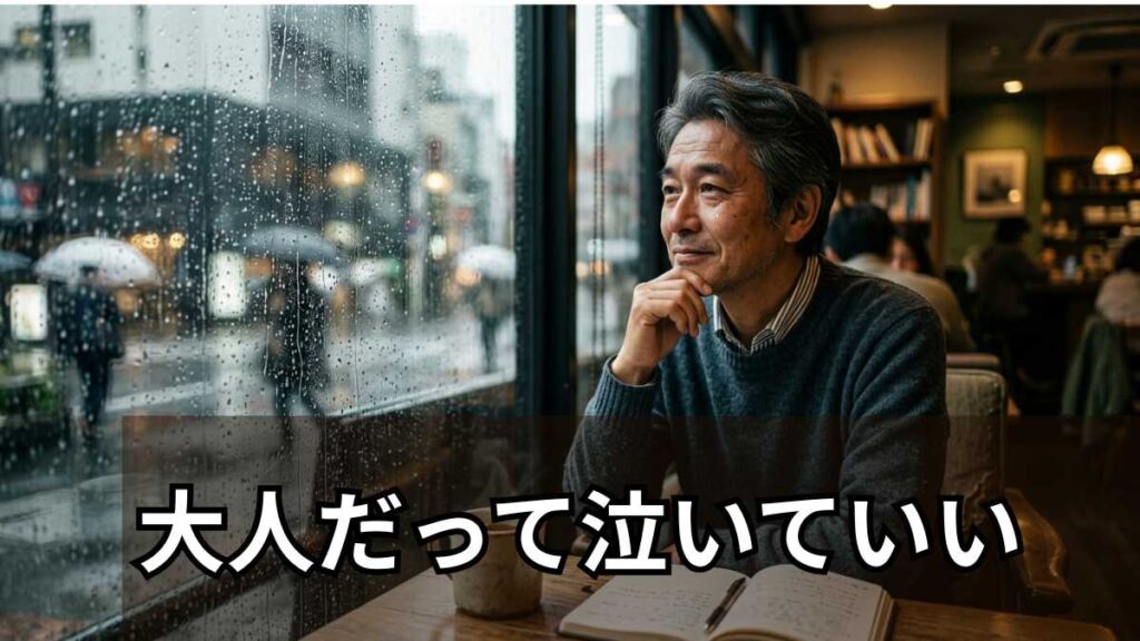 コーヒーを飲みながら窓の外を見る男性