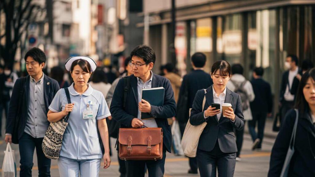いろんな職業の人が歩道を歩いている