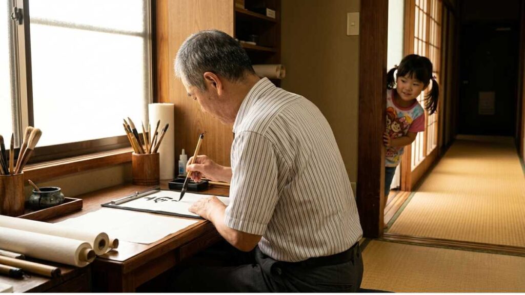 書道に打ち込むおじいちゃんを見てる孫