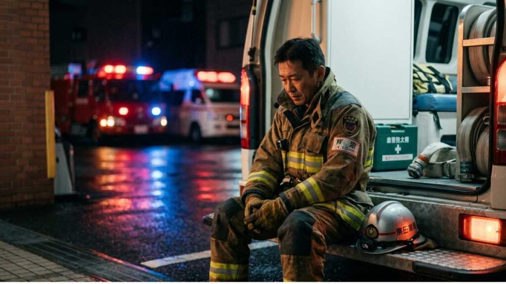 救急車の後部でうなだれる消防士
