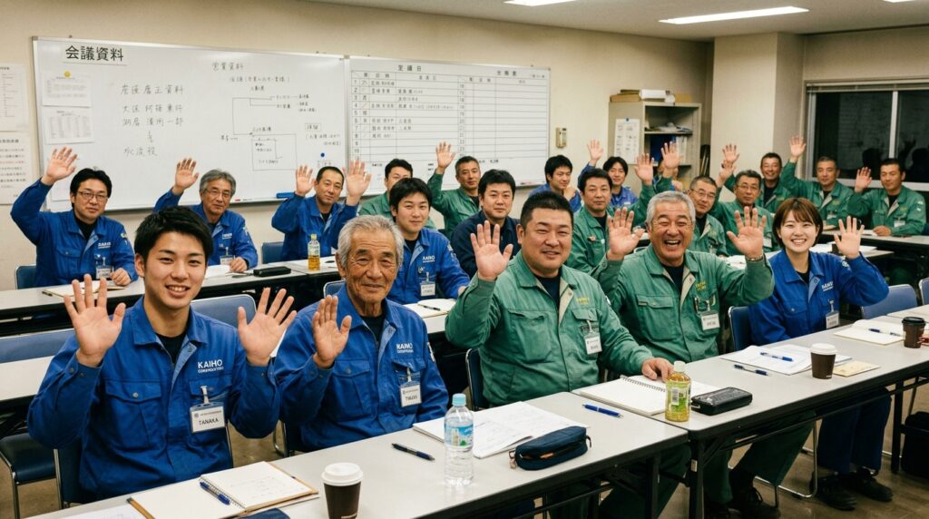 安全大会セミナー後に手をふる職員たち