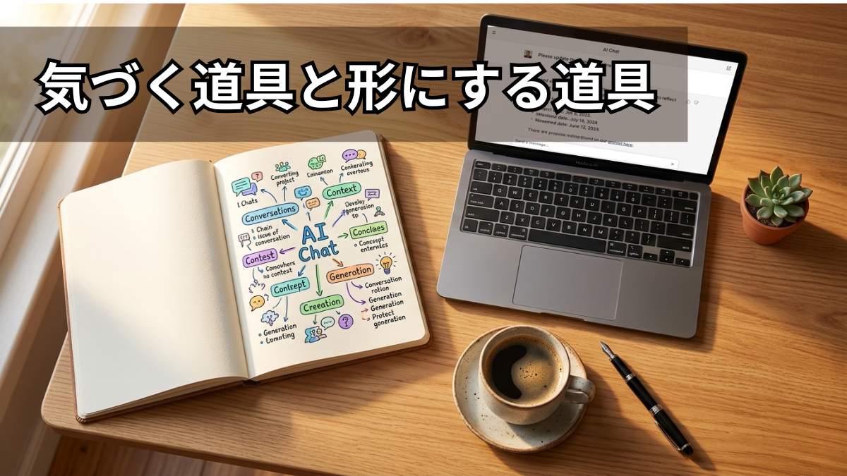 MindMapの書かれたノートとノートPC