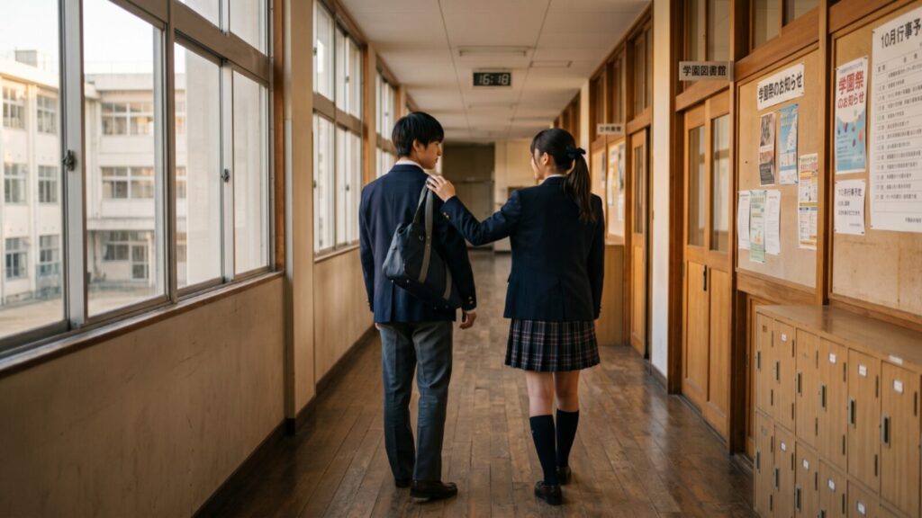 元気のない男子中学生に声をかける女子中学生