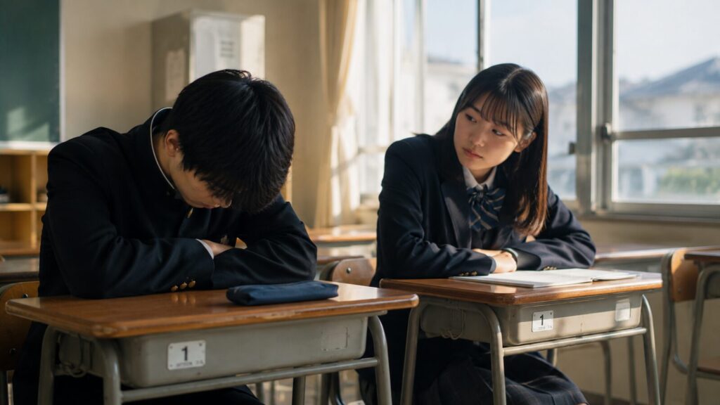 元気のない男子中学生に声をかける女子中学生