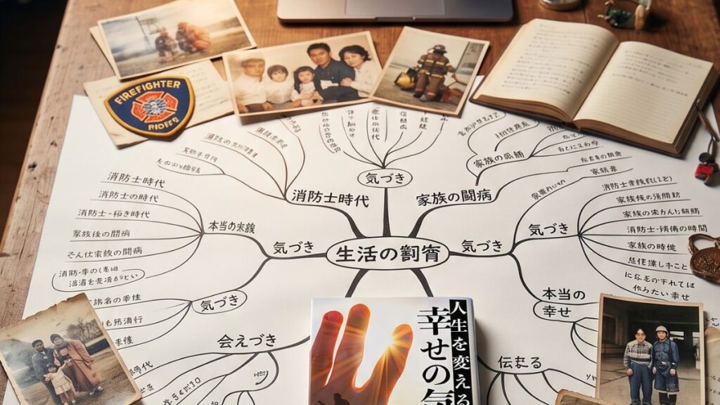 机の上にMindMAPと写真が並んでいる