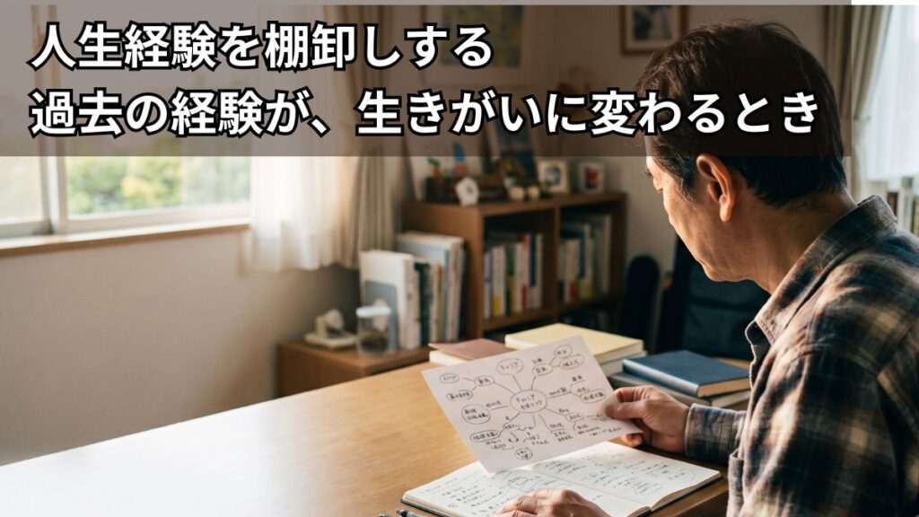 中年男性が机に向かい、ノートを使って自分の人生を棚卸ししているところ