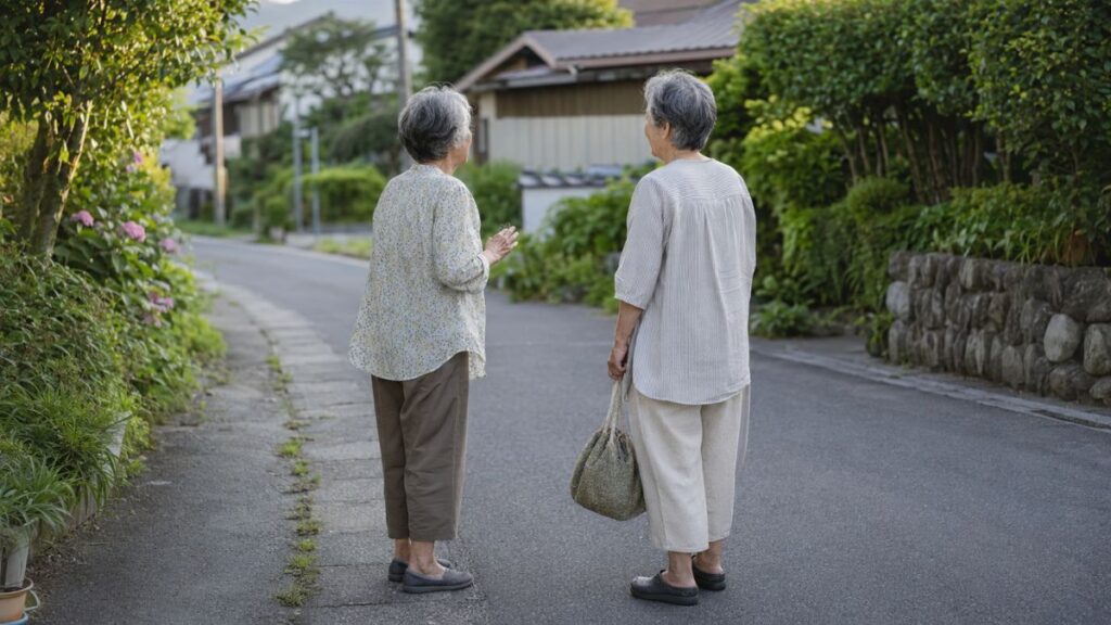 高齢者女性二人が道端で立ち話をしている