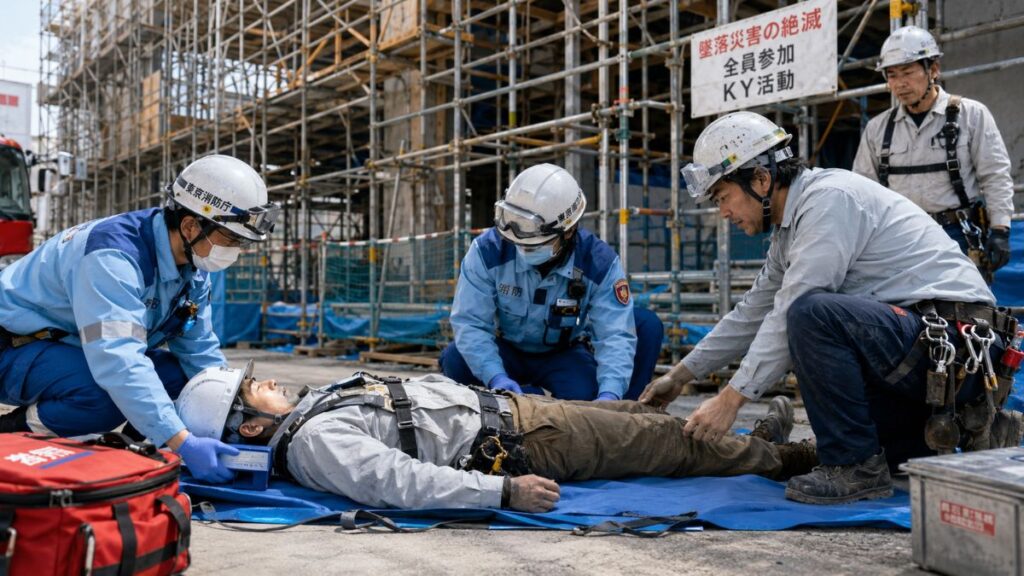 建設現場で墜落した作業員を搬送しようとする救急隊員