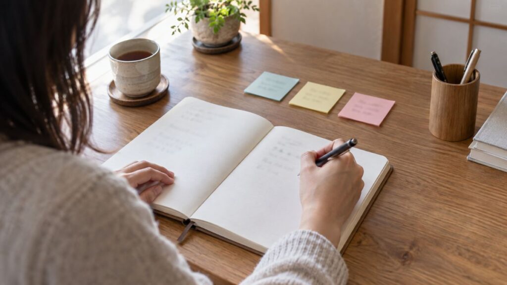 これから小さく試すことを一つ選び、ノートに書こうとしている手元