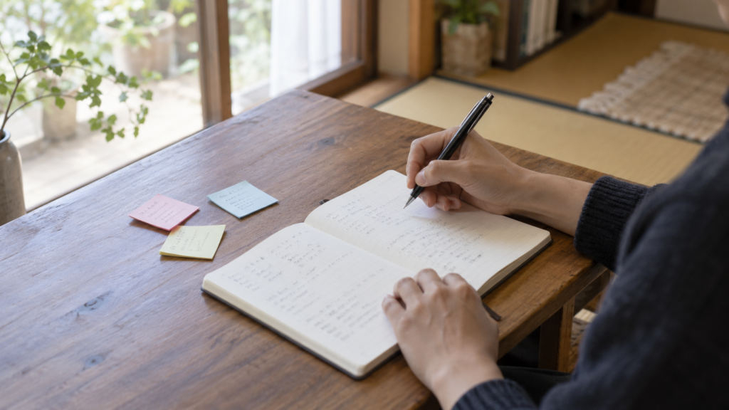 50代の男性がノートに自分の経験を書き出している